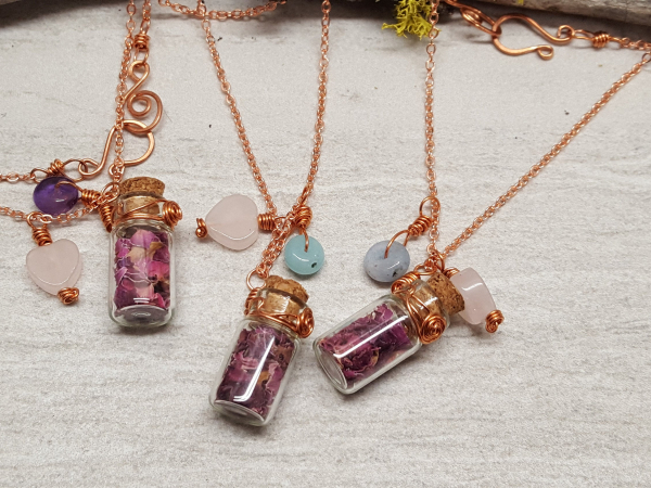 Tiny Bottle Pendant filled with Rose Petals on a Copper Chain