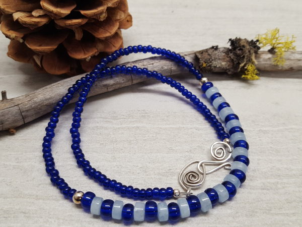 Aquamarine Gemstone and Cobalt Blue Glass Bead Necklace