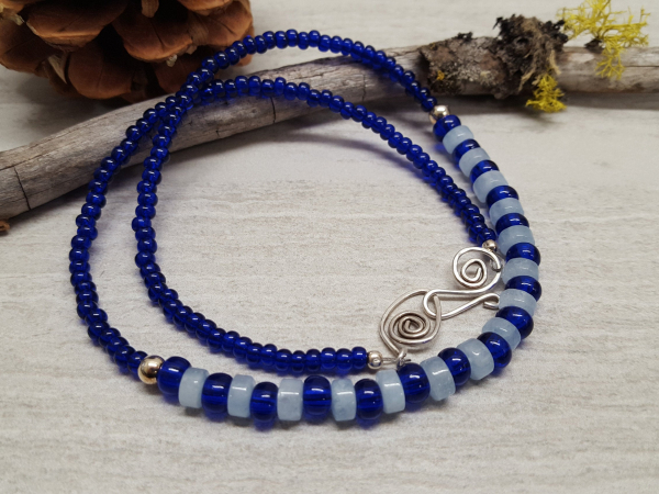 Aquamarine Gemstone and Cobalt Blue Glass Bead Necklace