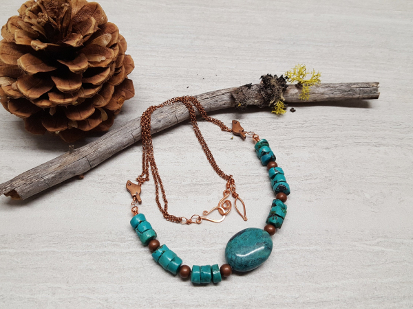 Hubei Turquoise and Copper Necklace with Copper Birds