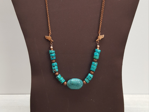 Hubei Turquoise and Copper Necklace with Copper Birds