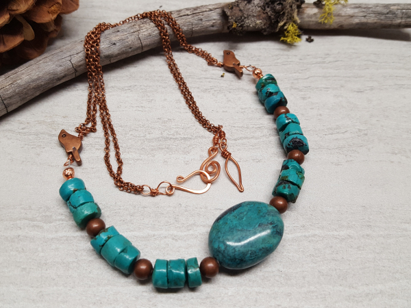 Hubei Turquoise and Copper Necklace with Copper Birds