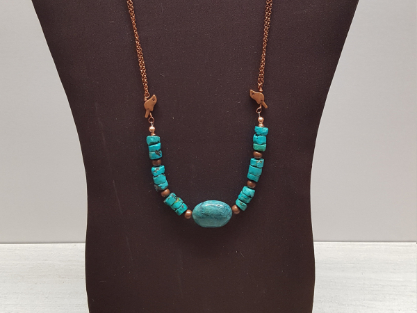 Hubei Turquoise and Copper Necklace with Copper Birds