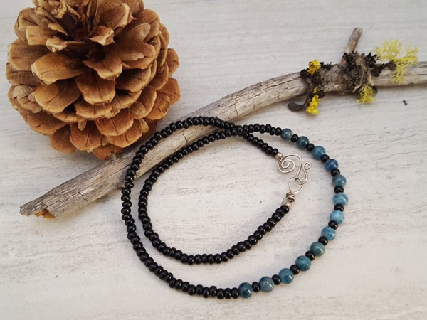 Hand Strung Apatite and Black Glass Bead Necklace