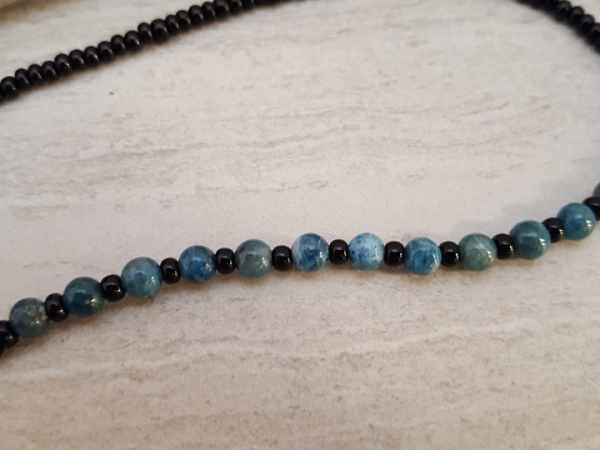 Hand Strung Apatite and Black Glass Bead Necklace