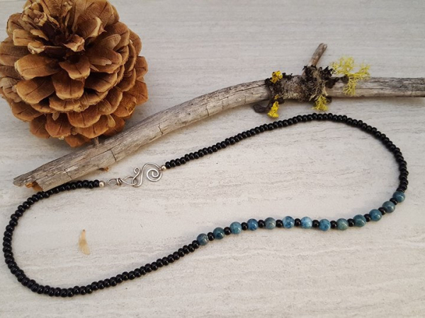 Hand Strung Apatite and Black Glass Bead Necklace