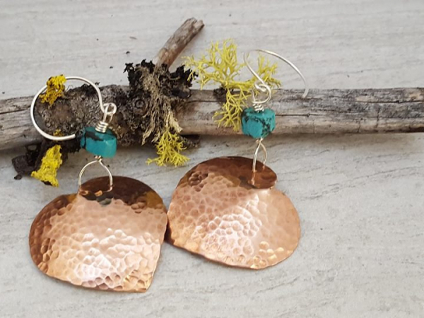 Hammered Copper Heart Earrings with Sterling Silver and Turquoise