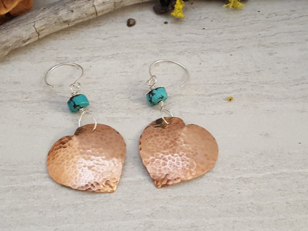 Hammered Copper Heart Earrings with Sterling Silver and Turquoise