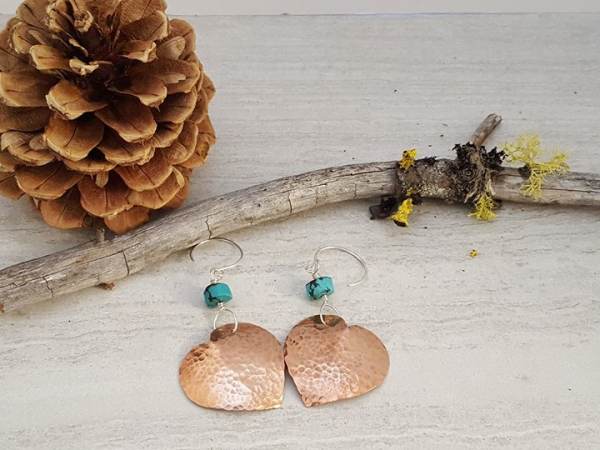 Hammered Copper Heart Earrings with Sterling Silver and Turquoise