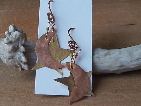 Moon and Star Earrings, Hammered Copper and Brass