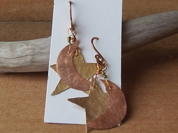 Moon and Star Earrings, Hammered Copper and Brass