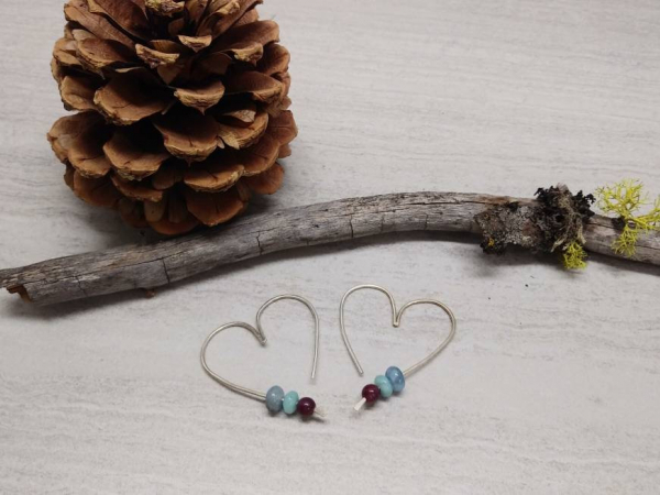 18 Gauge Heart Hoop Sterling Silver Earrings with Amazonite, Aquamarine, and Ruby Beads