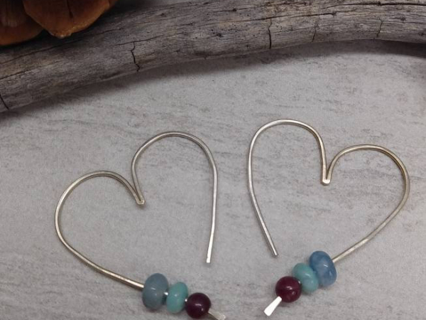 18 Gauge Heart Hoop Sterling Silver Earrings with Amazonite, Aquamarine, and Ruby Beads