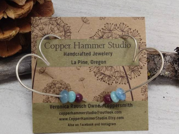 18 Gauge Heart Hoop Sterling Silver Earrings with Amazonite, Aquamarine, and Ruby Beads