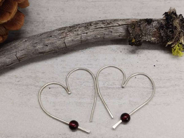 18 Gauge Heart Hoop Sterling Silver Earrings with Garnet Accent Beads