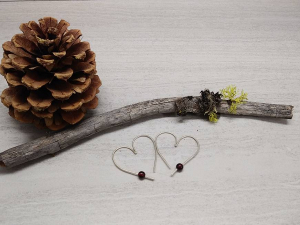 18 Gauge Heart Hoop Sterling Silver Earrings with Garnet Accent Beads