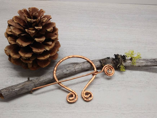 Traditional Hammered Copper Cloak Pin with Spiral Motif