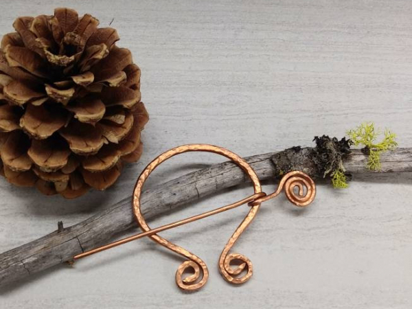 Traditional Hammered Copper Cloak Pin with Spiral Motif