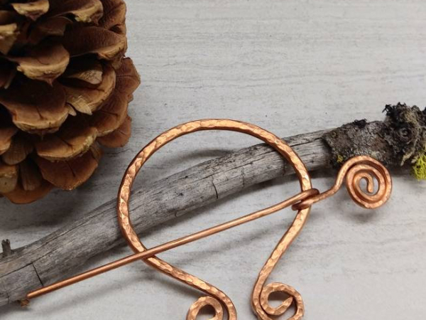 Traditional Hammered Copper Cloak Pin with Spiral Motif