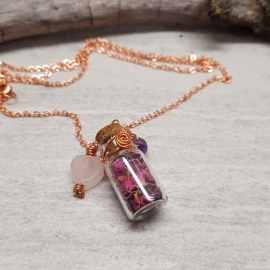 Tiny Bottle Pendant filled with Rose Petals on a Copper Chain