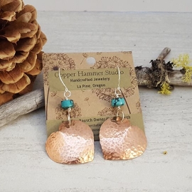 Hammered Copper Heart Earrings with Sterling Silver and Turquoise