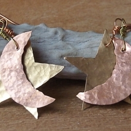 Moon and Star Earrings, Hammered Copper and Brass