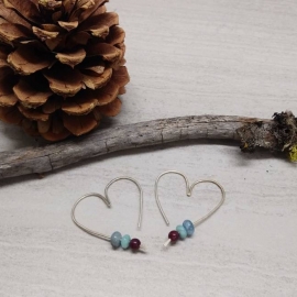 18 Gauge Heart Hoop Sterling Silver Earrings with Amazonite, Aquamarine, and Ruby Beads
