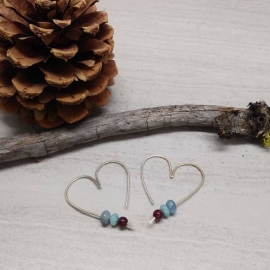 18 Gauge Heart Hoop Sterling Silver Earrings with Amazonite, Aquamarine, and Ruby Beads 18 Gauge Heart Hoop Sterling Silver Earrings with Amazonite, Aquamarine, and Ruby Beads