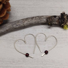 18 Gauge Heart Hoop Sterling Silver Earrings with Garnet Accent Beads