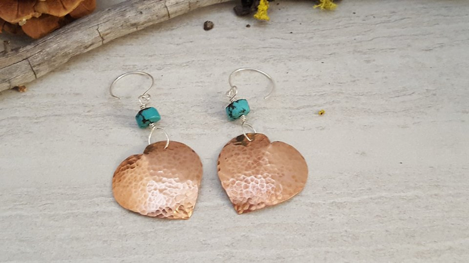 Hammered Copper Heart Earrings with Sterling Silver and