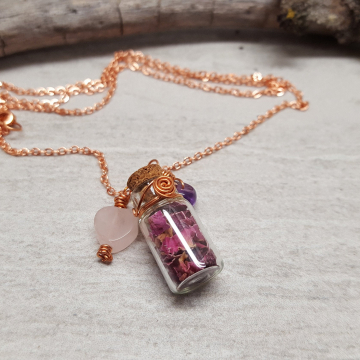 Tiny Bottle Pendant filled with Rose Petals on a Copper Chain