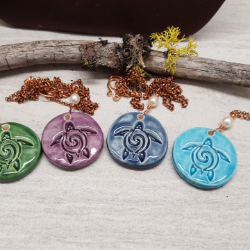 Ceramic Turtle Pendant with a Pearl Accent on Copper Chian