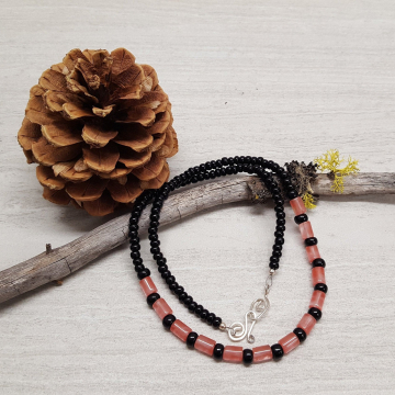 Cherry Quartz and Black Glass Bead Necklace