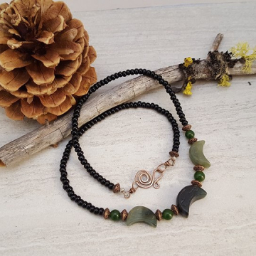 Hand Strung Serpentine Triple Crescent Moons Necklace