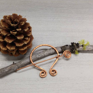 Traditional Hammered Copper Cloak Pin with Spiral Motif